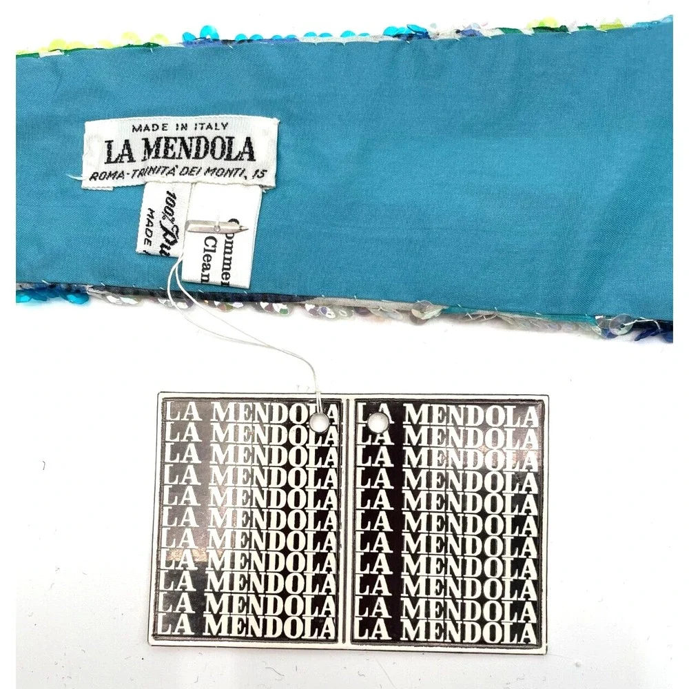 Vintage La Mendola Peacock Retro Hand Beaded Green Pure Silk Chiffon Belt